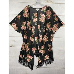 Siren Lily Top 1X Black Floral Sheer Kimono Fringe Cover Up Stretch Open Front